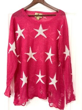Wildfox White Label "Seeing Stars" Lennon Distressed Sweater - Pink Magenta S